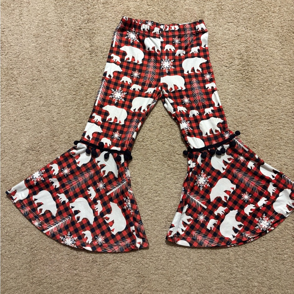 Red Plaid Bell Bottom Pants with Polar Bear Print, Christmas, 4T, Holidays